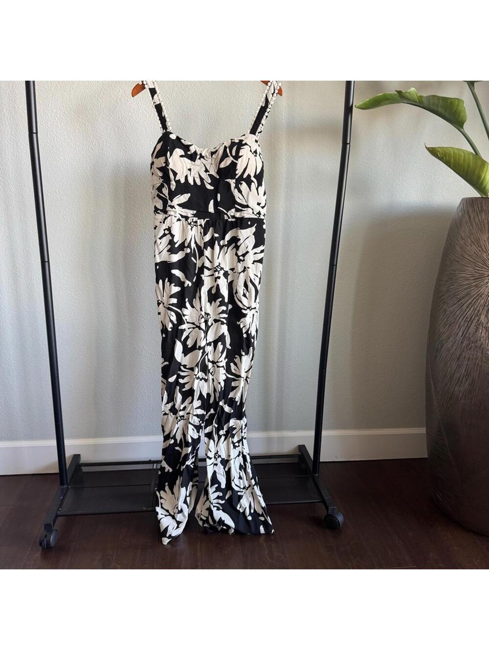 AUW Hawaiian Inspired Black & White Linen Blend Jumpsuit Size L  Resort/Vacation